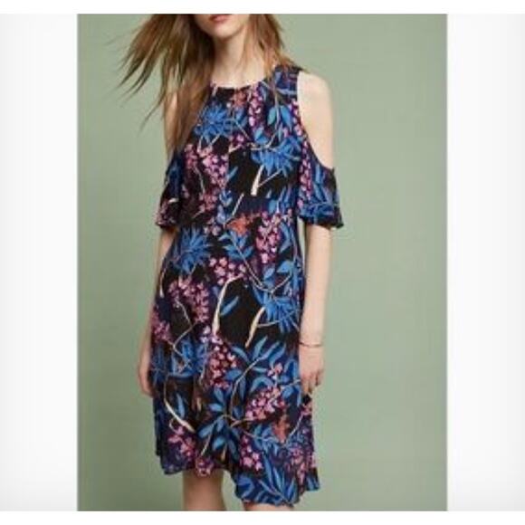 Anthropologie Maeve Womens Elia Dress Open Shoulder Floral Print Blue Pink 6 - Picture 1 of 15